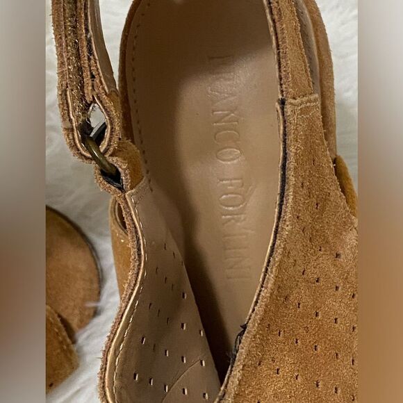 Franco Fortini Leather Booties Rhea Suede Block Heel Peep Toe Tan Shoes size 10 - Picture 8 of 14